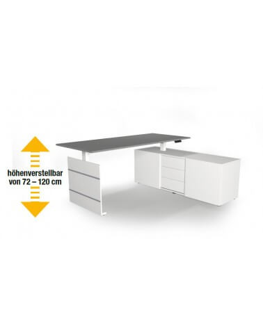 Elektromotorischer Steh-Sitztisch Move.3, Komplett-Arbeitsplatz mit Sideboard